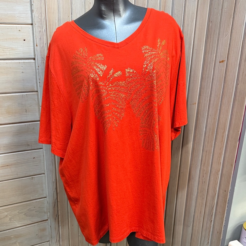 Liz & Me Vivid Orange Tee with Gold Leaf Motif